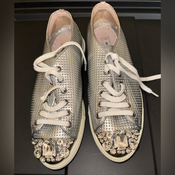 Miu Miu Swarovski crystal toe-cap sliver sneakers flats size 38.5 8.5 - Picture 1 of 8